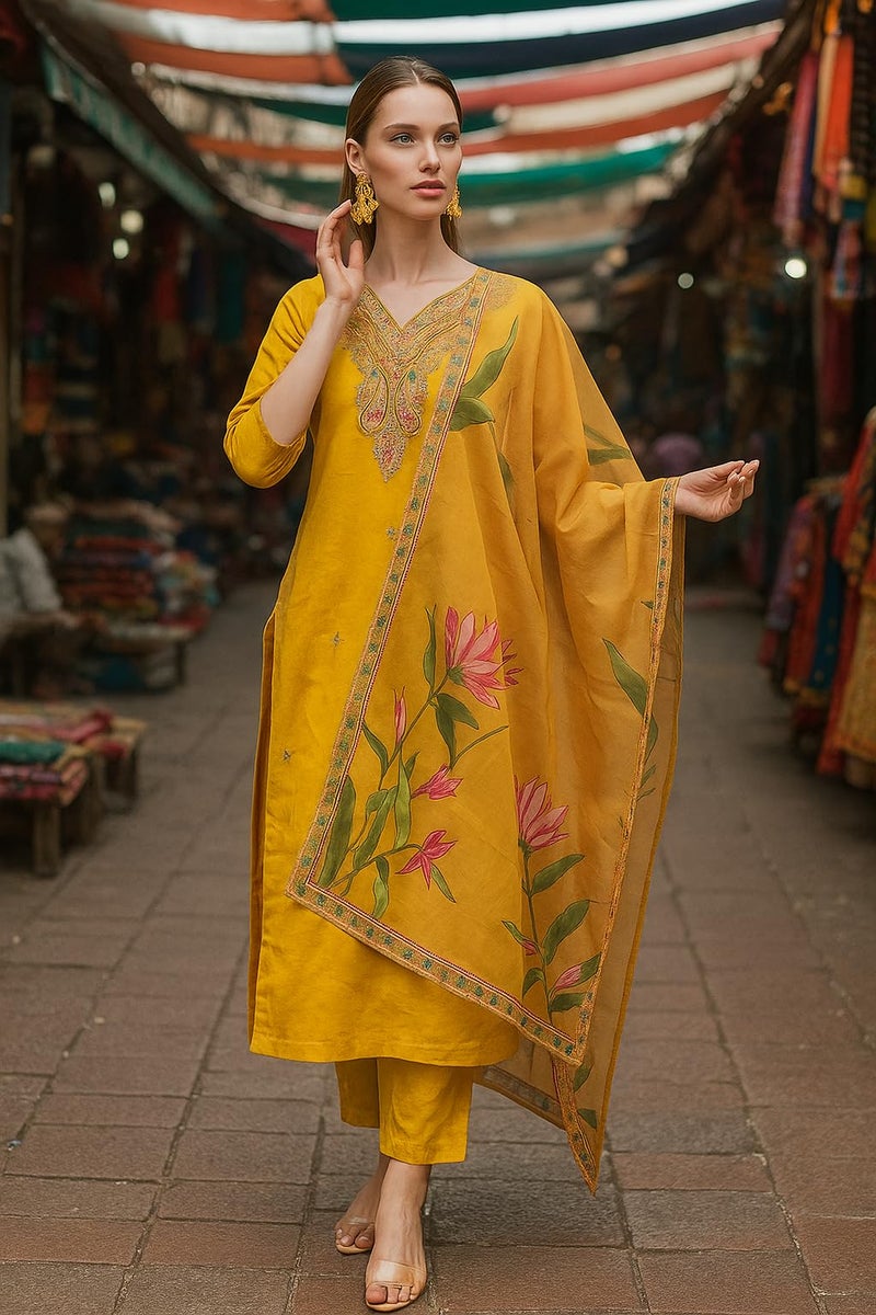 LookMark Women's Rayon Embroidered Kurta with Pant & Dupatta| Kurta with Pants and Dupatta Set_AZ-LM-KS2196_CG2-XL Yellow - Image 2
