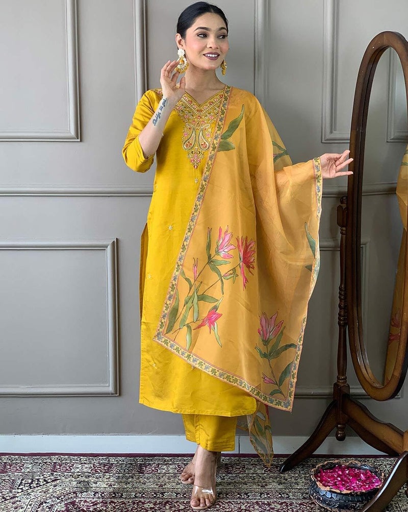 LookMark Women's Rayon Embroidered Kurta with Pant & Dupatta| Kurta with Pants and Dupatta Set_AZ-LM-KS2196_CG2-XL Yellow - Image 3