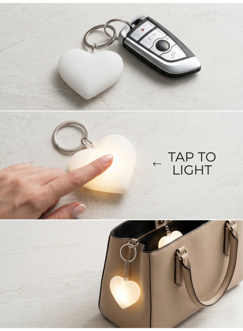LED Heart Keychain, Tap to Light Car Key Accessory & Bag Charm - White - Image 1
