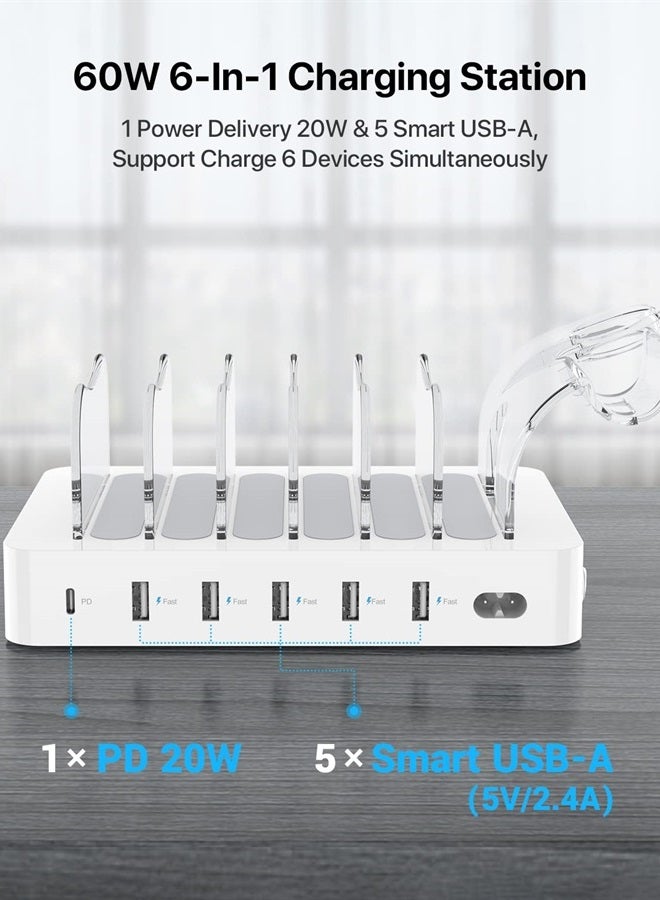 SooPii 60W 6-Port Charging Station for Multiple Devices, PD 20W USB C Fast Charging for lPhone 14/13/12,6 Short Cables Included, 2 in 1 Holder,for Phones,Tablets and Others,White