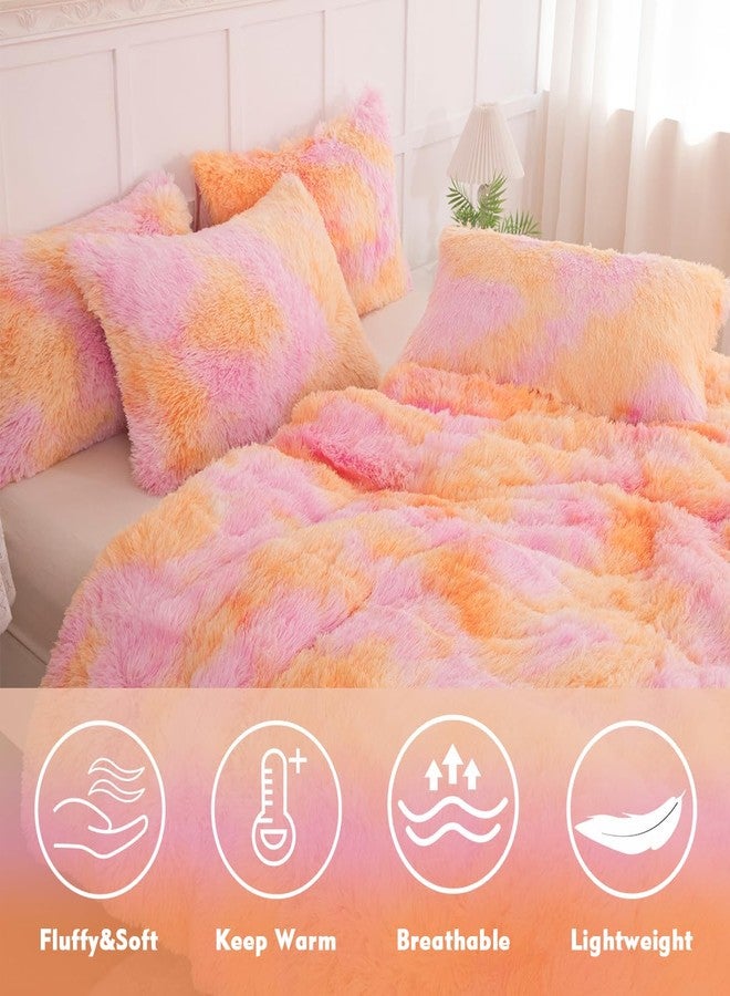 PERFEMET Fluffy Bedding Set Twin Size 3 Pieces Orange Pink Faux Fur Shaggy Comforter for Girls Teen Ultra Soft Cozy Velvet Fuzzy Furry Bed Set(Orange Pink, Twin) - Image 3