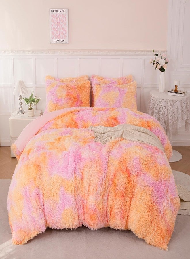 PERFEMET Fluffy Bedding Set Twin Size 3 Pieces Orange Pink Faux Fur Shaggy Comforter for Girls Teen Ultra Soft Cozy Velvet Fuzzy Furry Bed Set(Orange Pink, Twin) - Image 2