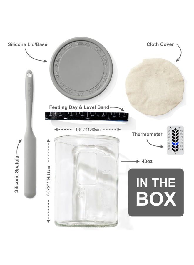 BALCI Premium Sourdough Starter Jar - 40oz Large Sourdough Jar with Marked Feeding Band, Thermometer, Scraper, Cloth Cover and Silicone Lid/Base, Wide Mouth Starter Kit - Grey - Image 2