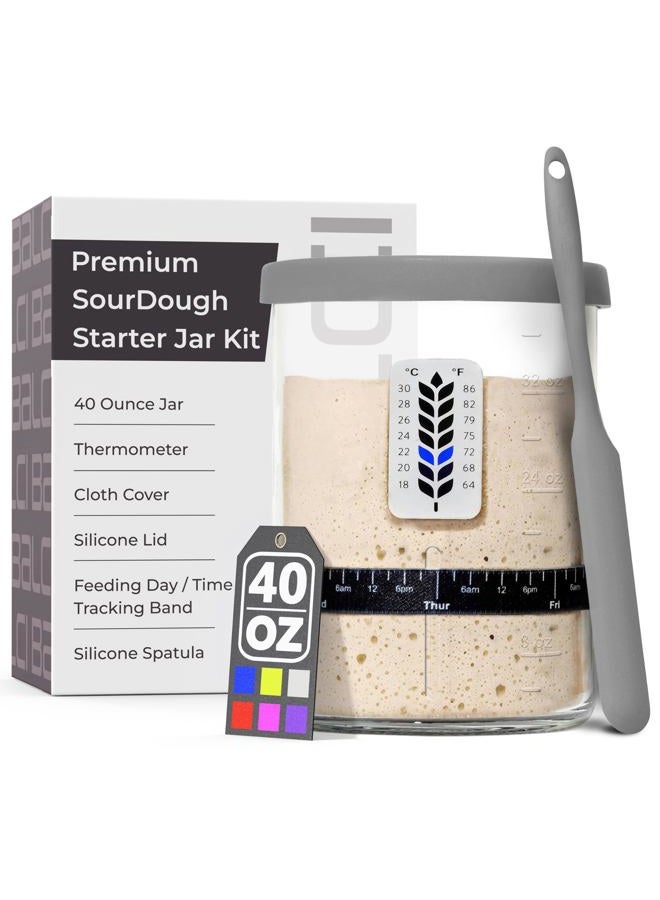 BALCI Premium Sourdough Starter Jar - 40oz Large Sourdough Jar with Marked Feeding Band, Thermometer, Scraper, Cloth Cover and Silicone Lid/Base, Wide Mouth Starter Kit - Grey - Image 1