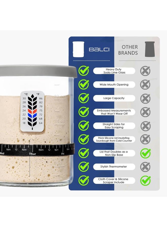 BALCI Premium Sourdough Starter Jar - 40oz Large Sourdough Jar with Marked Feeding Band, Thermometer, Scraper, Cloth Cover and Silicone Lid/Base, Wide Mouth Starter Kit - Grey - Image 3