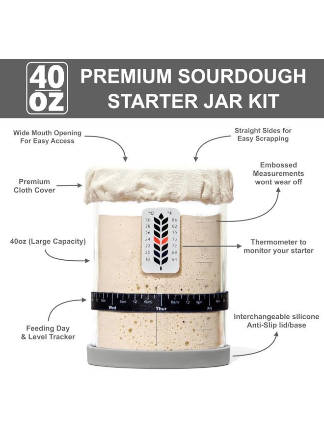 BALCI Premium Sourdough Starter Jar - 40oz Large Sourdough Jar with Marked Feeding Band, Thermometer, Scraper, Cloth Cover and Silicone Lid/Base, Wide Mouth Starter Kit - Grey - Image 4