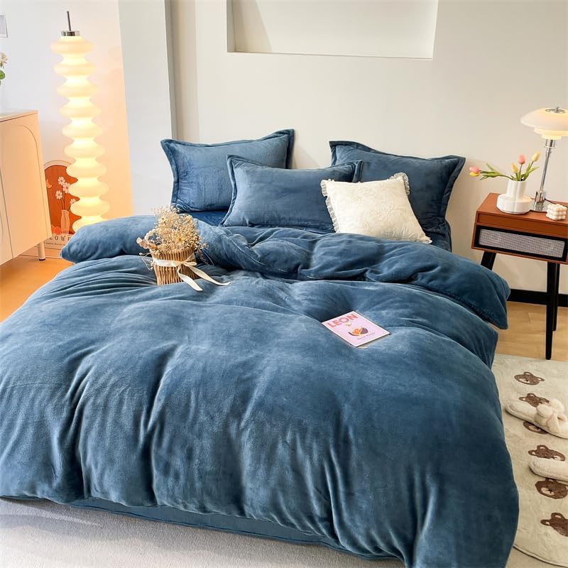 Fleece Fitted Sheet Winter Flannel Duvet Cover Solod Color Soft Warm Quilt Cozy Thick Comforter for Adults Children Queen King Bed Linen(Blue,1pcs 150x200cm) - Image 1