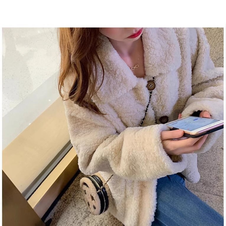 Imitation Lamb Wool Coat Womens 2024 Autumn and Winter New Loose Sweet Thickened Coat Korean Style All-match Coat Trendy Coat White - Image 3