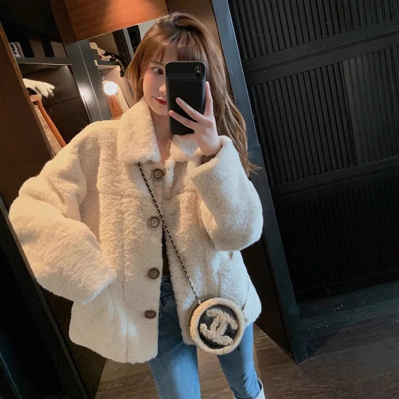 Imitation Lamb Wool Coat Womens 2024 Autumn and Winter New Loose Sweet Thickened Coat Korean Style All-match Coat Trendy Coat White - Image 2