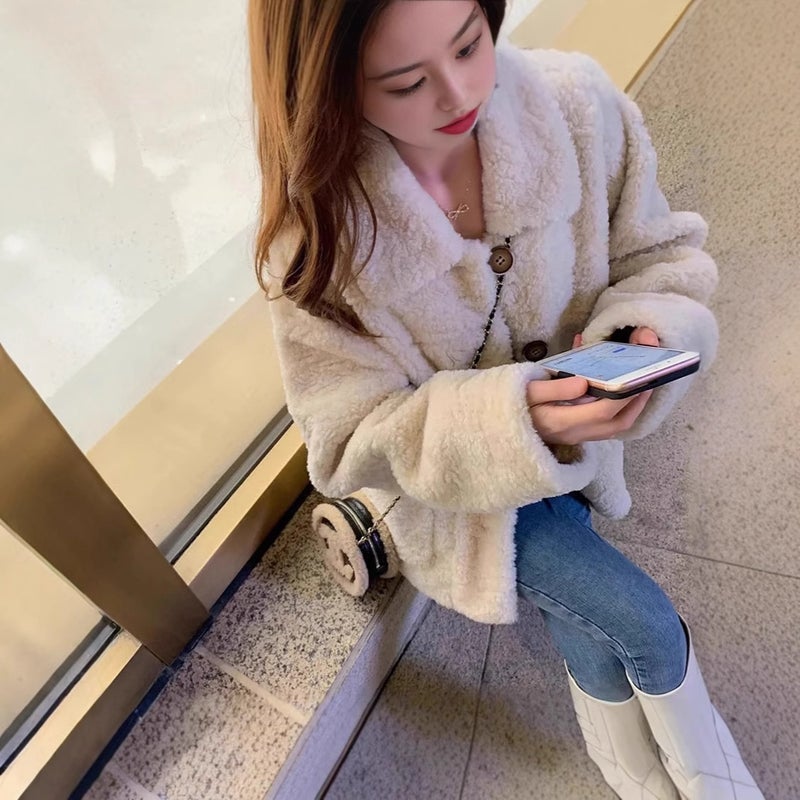 Imitation Lamb Wool Coat Womens 2024 Autumn and Winter New Loose Sweet Thickened Coat Korean Style All-match Coat Trendy Coat White - Image 4