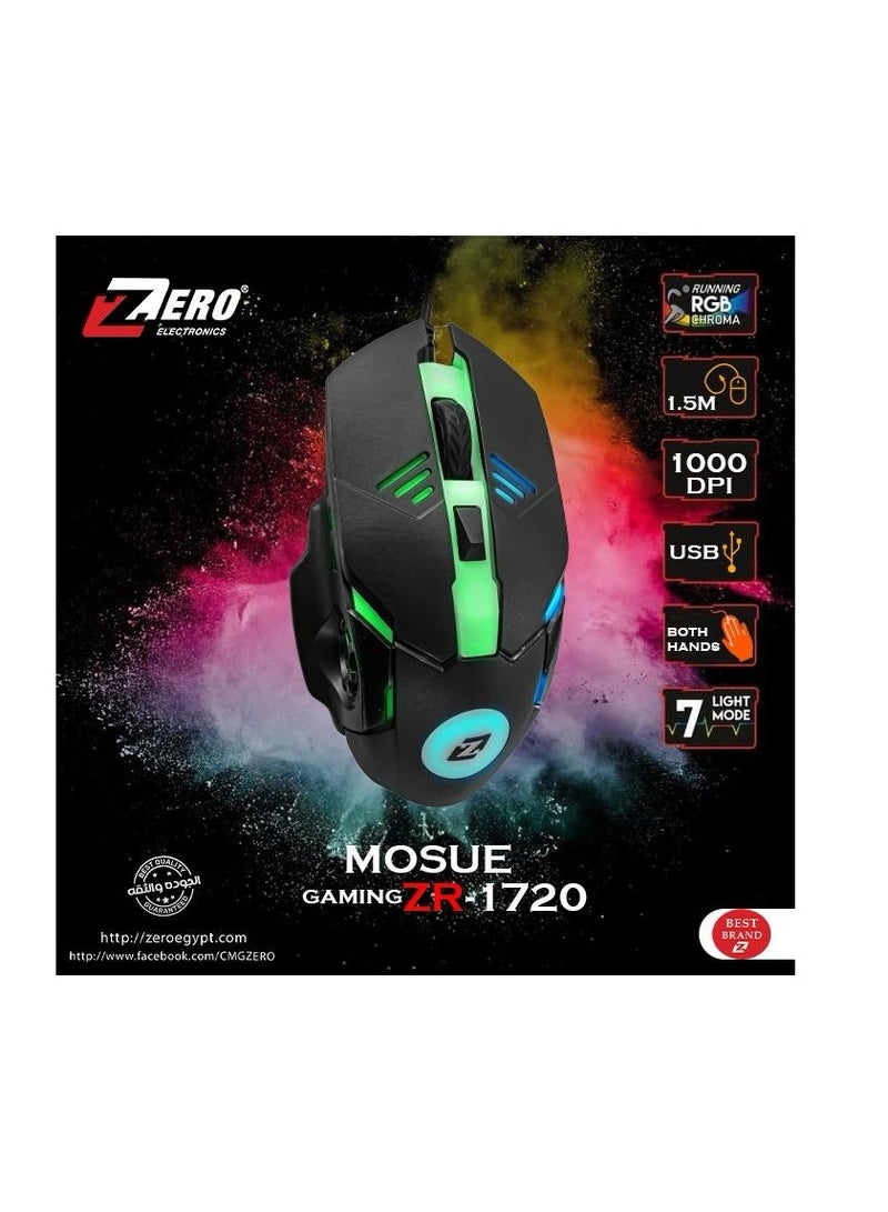 زيرو ماوس ألعاب سلكي زيرو ZR-1720 مزود بإضاءة RGB باللون الأسود 