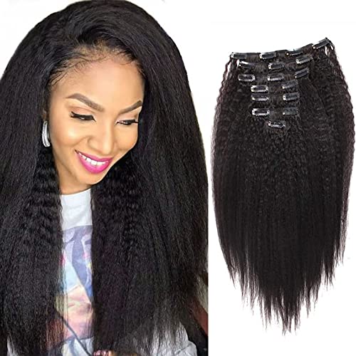 Sassina Kinkys Straight Clip in Hair Extensions Human Hair Double Wefts Unprocessed Virgin Hair Full Head Thick 7 Pieces with 17 Clips 120 Grams 14 inch