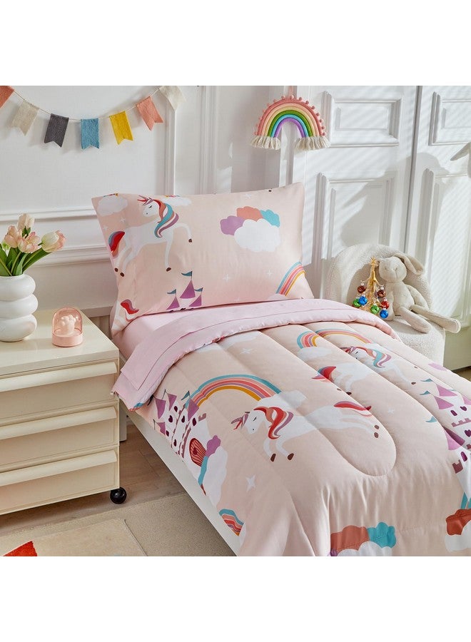 Uozzi Bedding طقم سرير مكون من 4 قطع باللون الوردي الفاتح لسنوات الطفولة للفتيات - سرير قلعة قوس قزح الناعمة للأميرات - لحاف، ملاءة مشدودة، ملاءة مسطحة، غطاء وسادة - Image 4