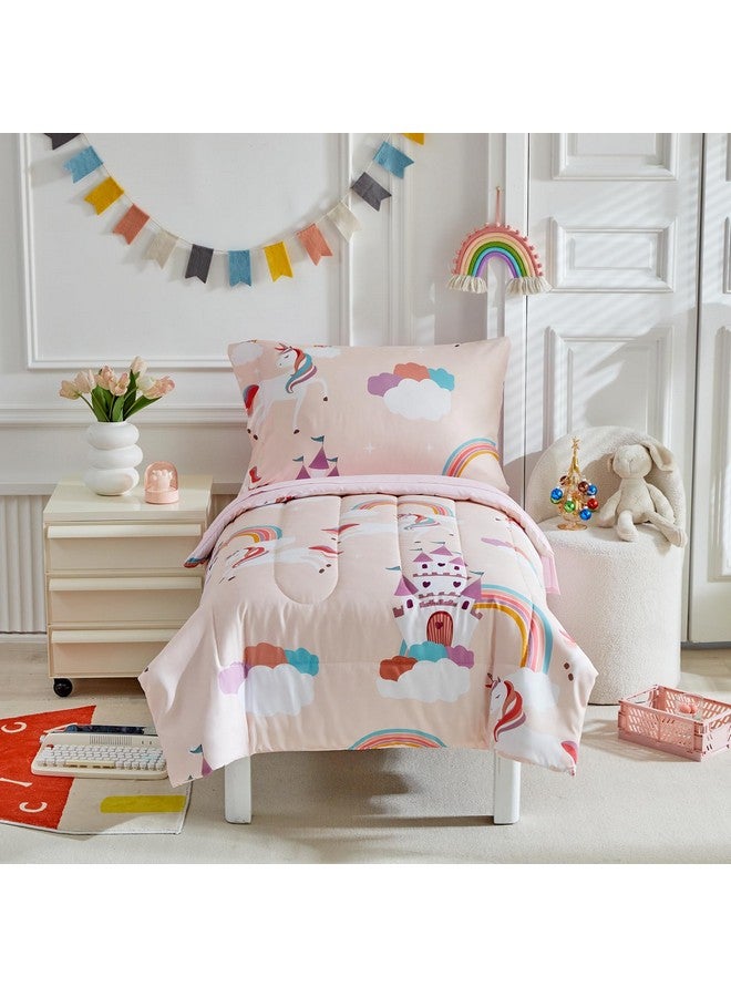 Uozzi Bedding طقم سرير مكون من 4 قطع باللون الوردي الفاتح لسنوات الطفولة للفتيات - سرير قلعة قوس قزح الناعمة للأميرات - لحاف، ملاءة مشدودة، ملاءة مسطحة، غطاء وسادة - Image 3