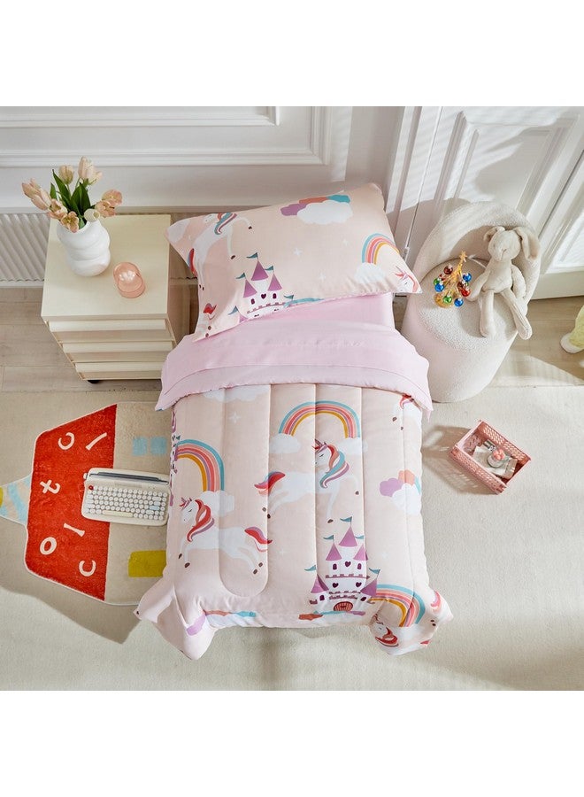 Uozzi Bedding طقم سرير مكون من 4 قطع باللون الوردي الفاتح لسنوات الطفولة للفتيات - سرير قلعة قوس قزح الناعمة للأميرات - لحاف، ملاءة مشدودة، ملاءة مسطحة، غطاء وسادة - Image 1