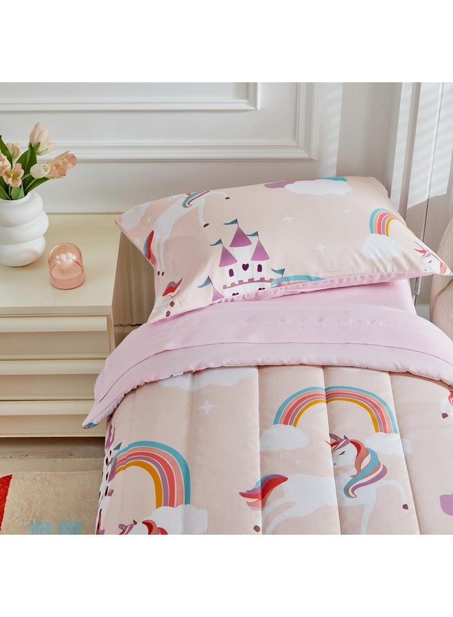 Uozzi Bedding طقم سرير مكون من 4 قطع باللون الوردي الفاتح لسنوات الطفولة للفتيات - سرير قلعة قوس قزح الناعمة للأميرات - لحاف، ملاءة مشدودة، ملاءة مسطحة، غطاء وسادة - Image 5