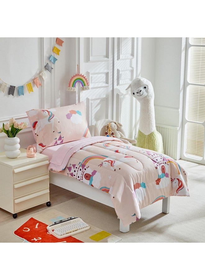 Uozzi Bedding طقم سرير مكون من 4 قطع باللون الوردي الفاتح لسنوات الطفولة للفتيات - سرير قلعة قوس قزح الناعمة للأميرات - لحاف، ملاءة مشدودة، ملاءة مسطحة، غطاء وسادة - Image 2