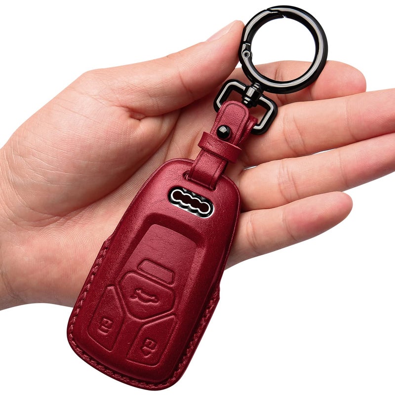 Tukellen for Audi Key Fob Cover Genuine Leather with KeychainLeather Key Case Protector Compatible with Audi A4 Q7 Q5 TT A3 A6 SQ5 R8 S5 Smart KeyWine Red