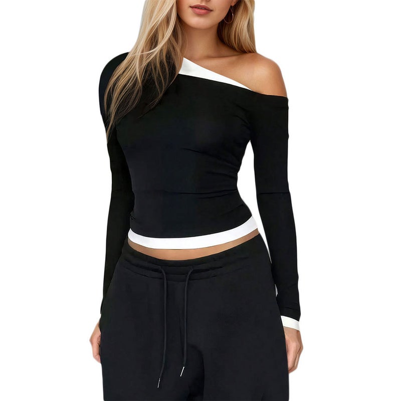 Women's Black Asymmetric Neck Slim Fit T-Shirt - Image 5