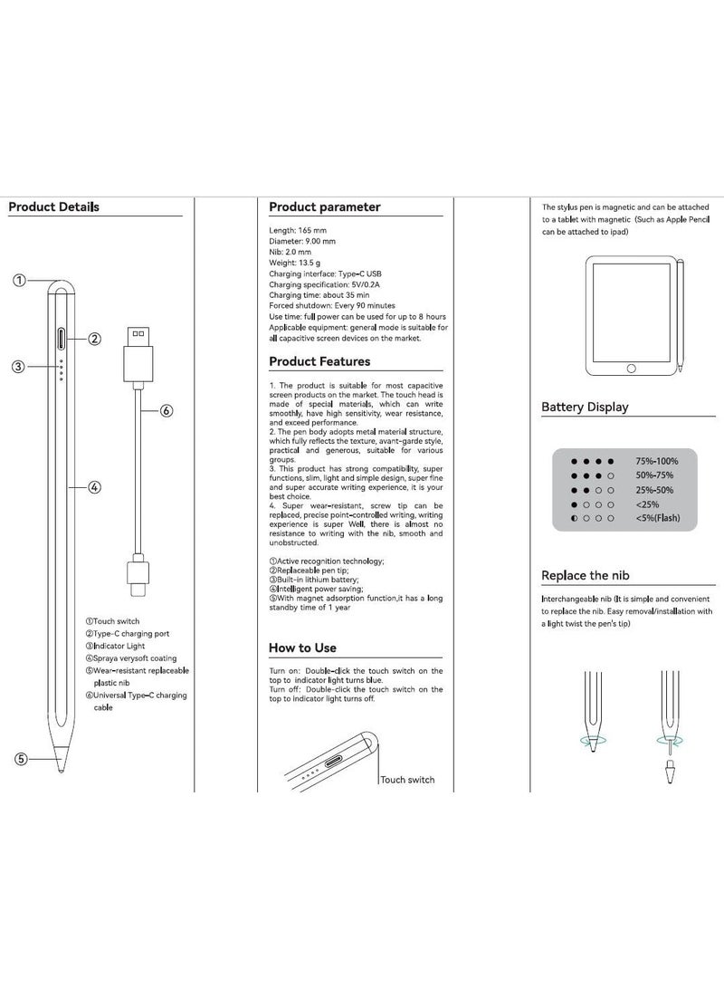 Denx DENX Stylus Pen for iPhone, iPad, Android & Tablets – Universal Rechargeable Pencil, Touch Pen for Drawing & Writing, Fine Tip Smart Pen, Type-C Fast Charging, 100mAh Battery, No Bluetooth Needed, DX3605  - Image 5