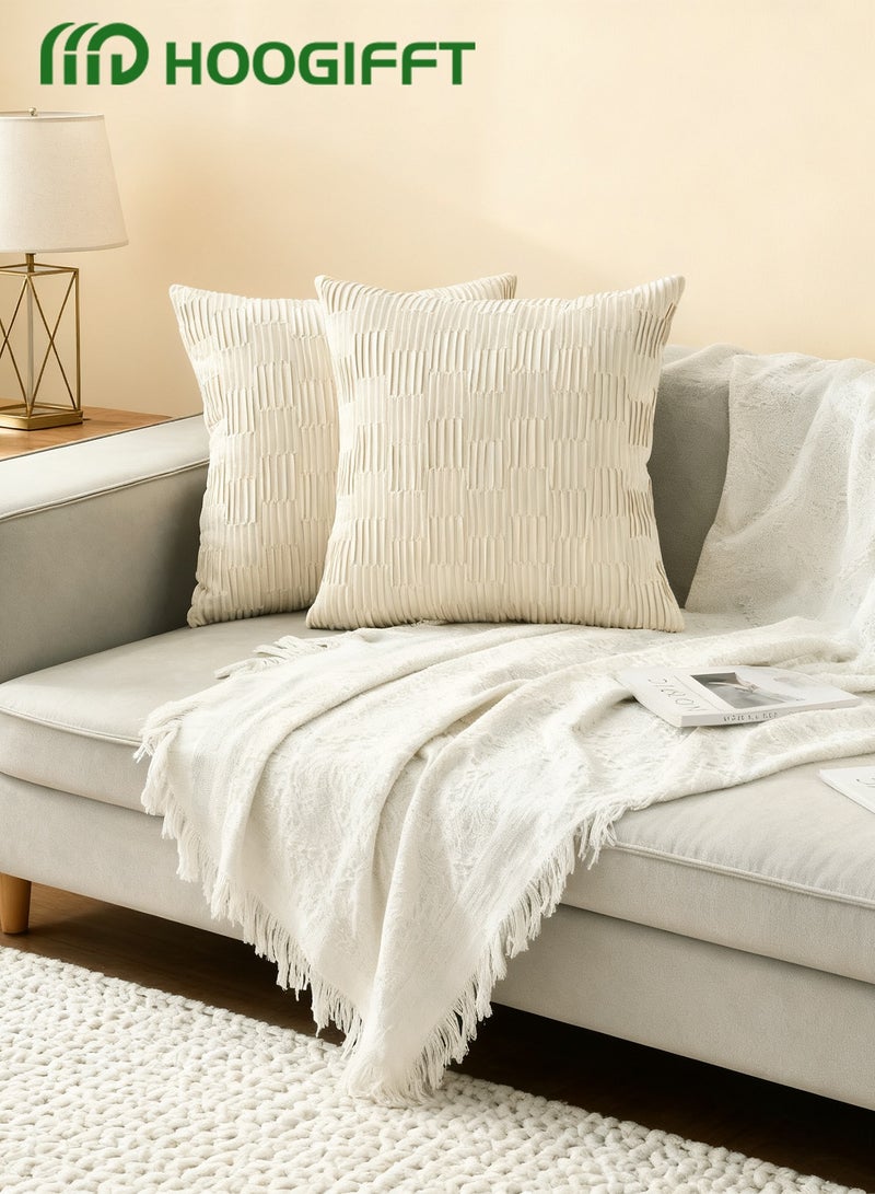 HOOGIFFT 2 Packs 45x45 cm Cream Textured Throw Pillow Covers for Sofa Couch Bed, Neutral Corduroy Cushion Case, Soft Plush Velvet Decorative Pillow Cover for Boho Farmhouse Modern Home Décor - Image 4
