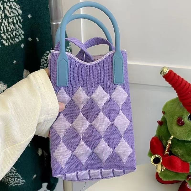 Super Cute Color Contrast Hand Bag Student Korean Mini Knitted Mobile Phone Bag Checkerboard Wave Crossbody Bag Small Bag - Image 1