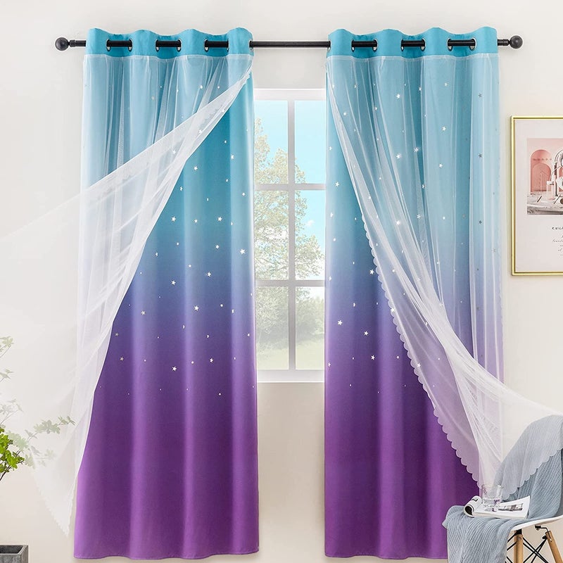 Stiio Girls Rainbow Star Curtains 2 Panels W52 x L84 inches Kids Room Darkening Blackout Curtains with Blue Purple Ombre Stripe