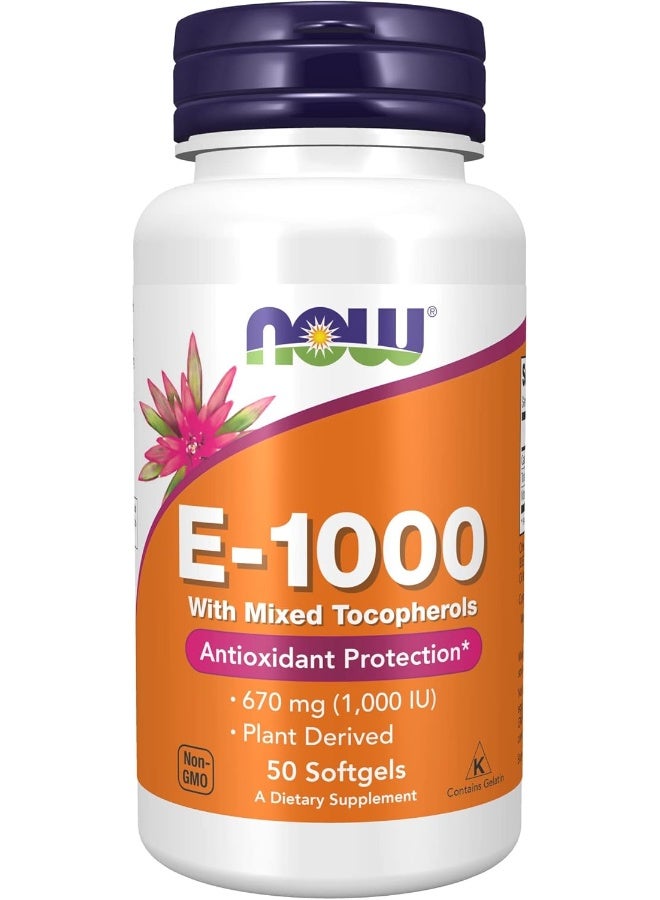 NOW Supplements, Vitamin E-1,000 IU Mixed Tocopherols, Antioxidant Protection, 50 Softgels - Image 1