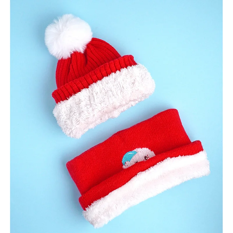 LITTLE SURPRISE BOX 2Pcs Red Snowman Themed Beanie Winter Cap With Matching Neck Cuff Style Muffler For Kids