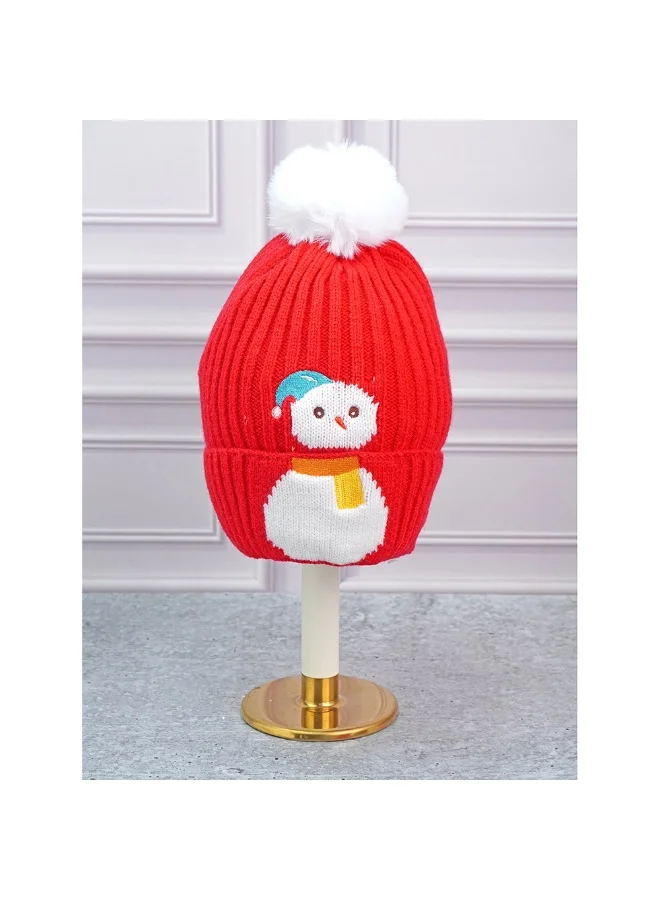 LITTLE SURPRISE BOX 2Pcs Red Snowman Themed Beanie Winter Cap With Matching Neck Cuff Style Muffler For Kids