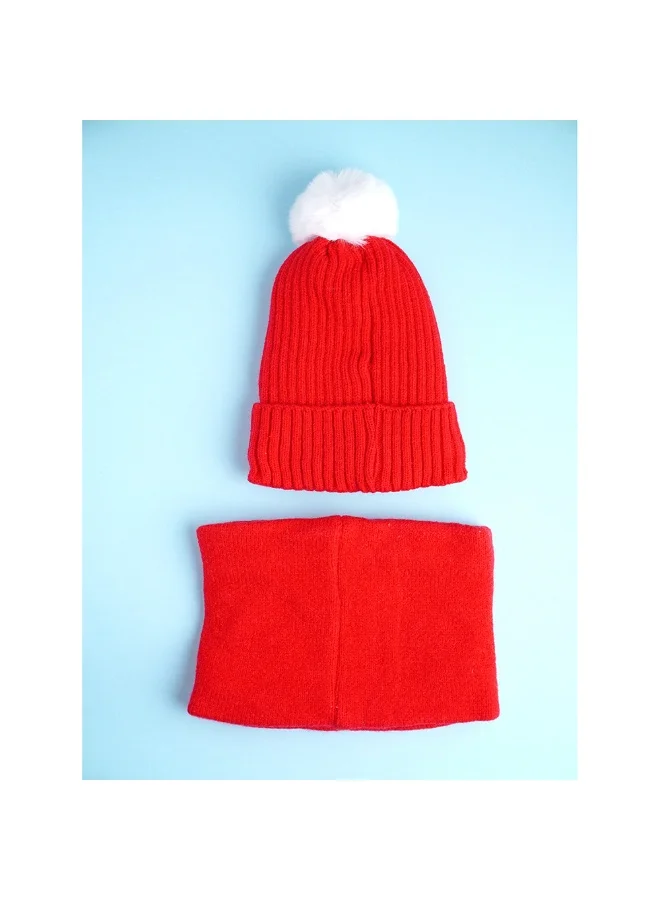 LITTLE SURPRISE BOX 2Pcs Red Snowman Themed Beanie Winter Cap With Matching Neck Cuff Style Muffler For Kids
