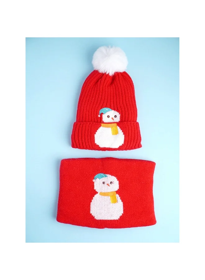 LITTLE SURPRISE BOX 2Pcs Red Snowman Themed Beanie Winter Cap With Matching Neck Cuff Style Muffler For Kids