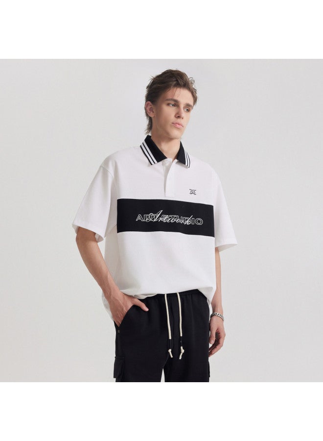 Cabbeen Men's Polo Shirt Black And White Color Block With Letter Print Collar Short Sleeve T-shirt Men's Clothing Polo Shirt Men - Image 2