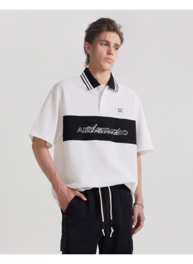 Cabbeen Men's Polo Shirt Black And White Color Block With Letter Print Collar Short Sleeve T-shirt Men's Clothing Polo Shirt Men - Image 1