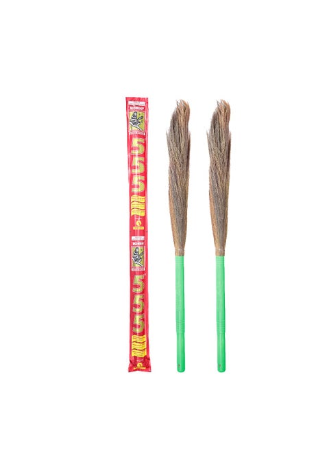 Monkey 555 Regular Natural Grass Broom Pack of 2GaroHill Grass Flexible Durable Daily Use Nylon Knitted Handle Large Area Coverage Broomstick for Dust Free Cleaning
