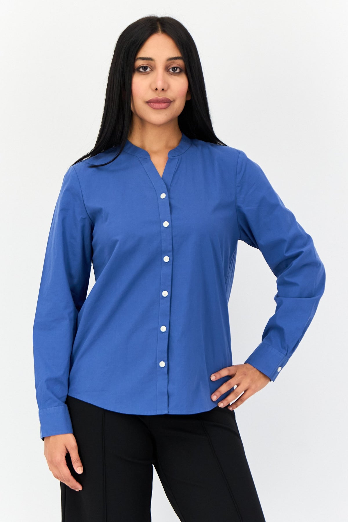 GIORDANO Women Split Neck Plain Long Sleeves Shirt, Dusty Blue