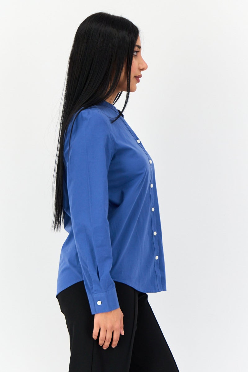 GIORDANO قميص نسائي بأكمام طويلة وفتحة عنق مقسومة، أزرق غامق - Image 2