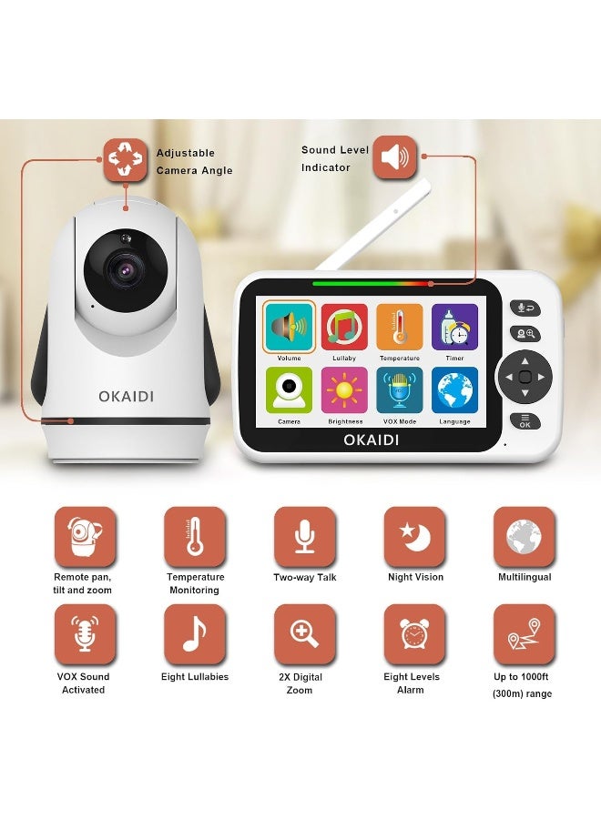 أوكايدي OKAIDI Video Baby Monitor with Camera and Audio, 5 Display Baby Monitor No WiFi, 30H Battery and 1000ft Range Baby Monitor, Remote Pan-Tilt-Zoom Baby Camera, Night Vision, 2-Way Talk, VOX, Temperature - Image 2