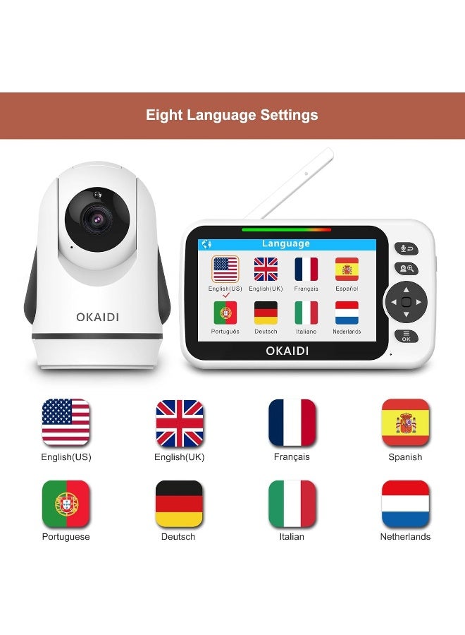 أوكايدي OKAIDI Video Baby Monitor with Camera and Audio, 5 Display Baby Monitor No WiFi, 30H Battery and 1000ft Range Baby Monitor, Remote Pan-Tilt-Zoom Baby Camera, Night Vision, 2-Way Talk, VOX, Temperature - Image 4