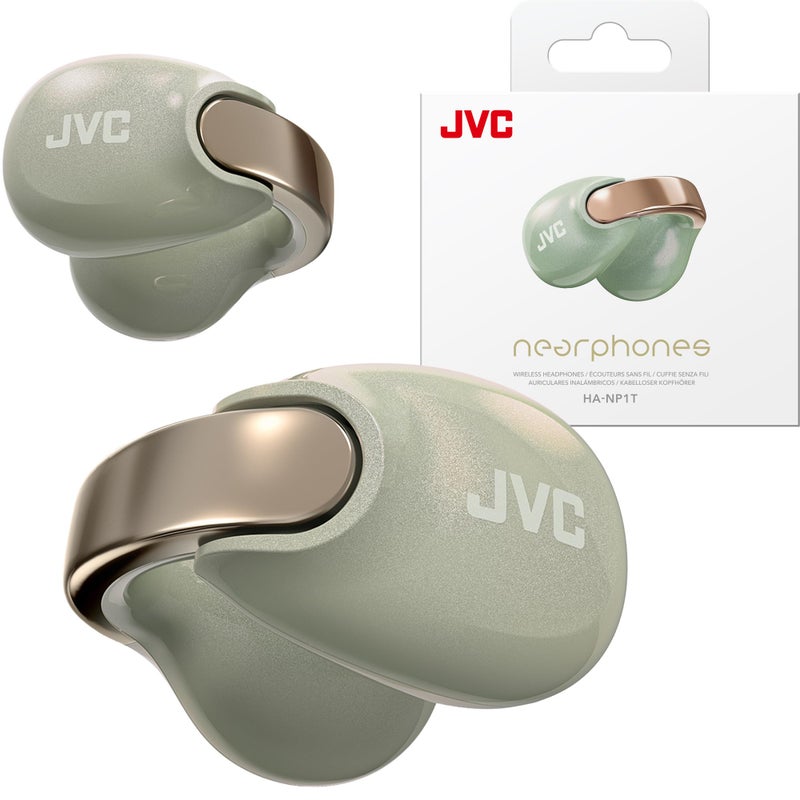 JVC Nearphones Pearl Edition - Earcuff True Wireless Earbuds with Shiny Arch, Comfortable fit, Multipoint Connection, Bluetooth 5.3, 24H Battery Life - HANP1T-GN (Salty Olive) - Image 1