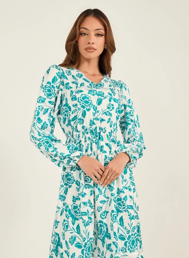 Take Two Take Two Floral Print V Neck Balloon Sleeve Midi Dress