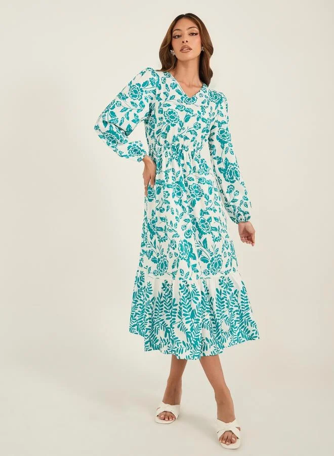 تايك تو Take Two Floral Print V Neck Balloon Sleeve Midi Dress