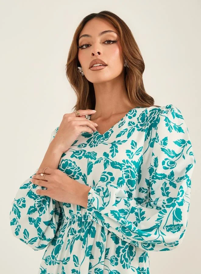 Take Two Take Two Floral Print V Neck Balloon Sleeve Midi Dress