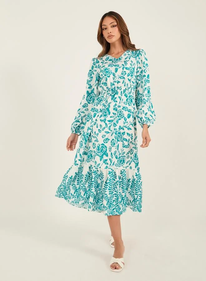تايك تو Take Two Floral Print V Neck Balloon Sleeve Midi Dress