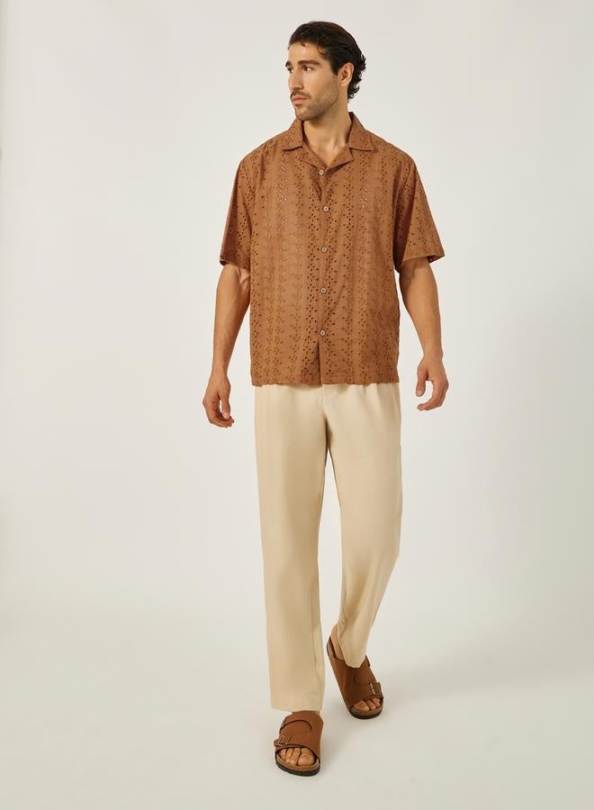 Styli Schiffli Notch Label Neck Relaxed Fit Shirt  - Image 2