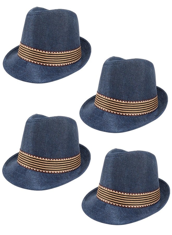 Ultrafun 4 Pack Kids Fedora Hat Short Brim Straw Trilby Jazz Hat Summer Sun Beach Cap for Boys Girls 5-10 Years (Navy) - Image 1