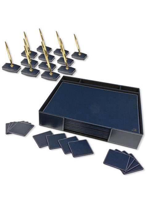 FIS Executive Conference Room Set of Bonded Leather Desk Blotter, Coaster and Pen Holder with Pen - Blue - FSDSCONFRSETBL