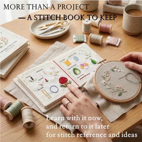 TenDawn Beginner Embroidery Stitch Book with Fabric Pages, 32 Essential Stitches in Structured Learning Order for Adults, DIY Sewing Kit with Floral Motifs, Practice Patterns - Image 5