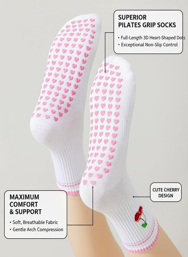 Mokde Mondge Pilates Socks with Non-Slip Grips Yoga Grippy Barre Workout Athletic Crew Anti-Slip Grip Socks for Women (US, Numeric, 5, 10, Regular, Regular, 3 Pairs red cherry ruffle) - Image 3