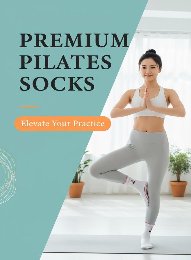 Mokde Mondge Pilates Socks with Non-Slip Grips Yoga Grippy Barre Workout Athletic Crew Anti-Slip Grip Socks for Women (US, Numeric, 5, 10, Regular, Regular, 3 Pairs red cherry ruffle) - Image 5